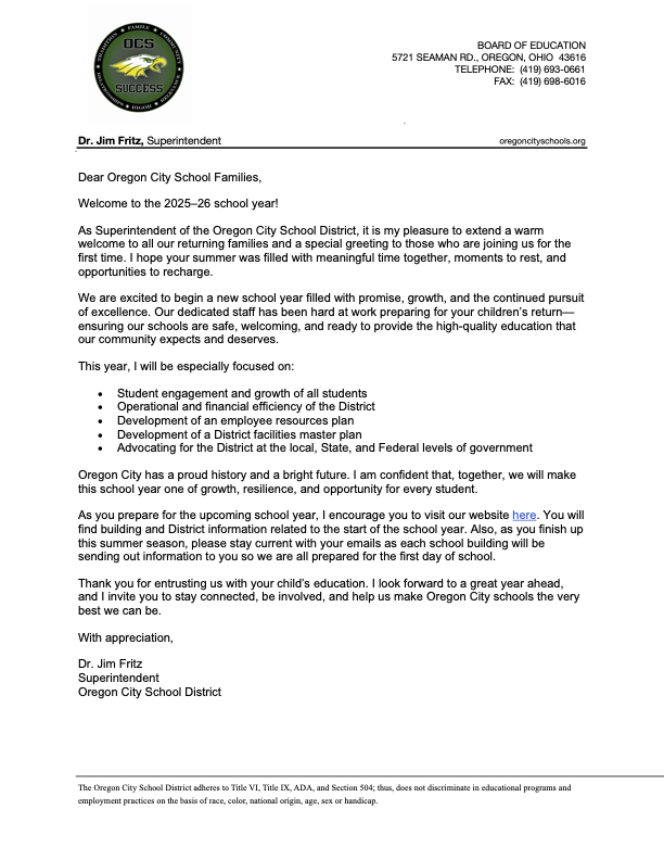 2025-26 Welcome Back Letter